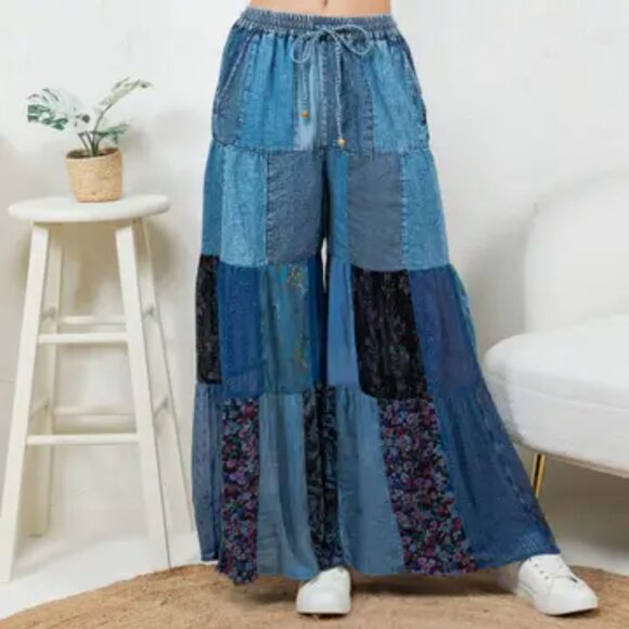 Western Boho Tiered Patchwork Denim Pants NWT Size Large - Picture 3 of 8